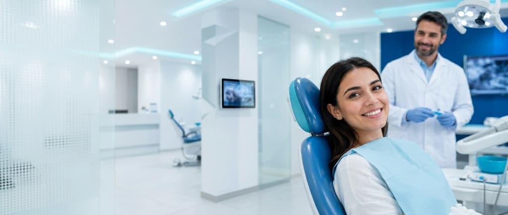 Paciente sonriendo en sillón dental con dentista en Clínica Dental Bellavista, Edificio Bellavista La Florida